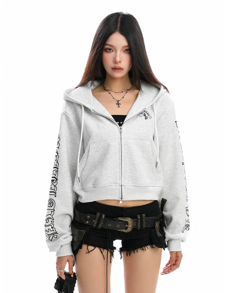 【Tops】Gothic Logo Cropped Zip Hoodie mry001888
