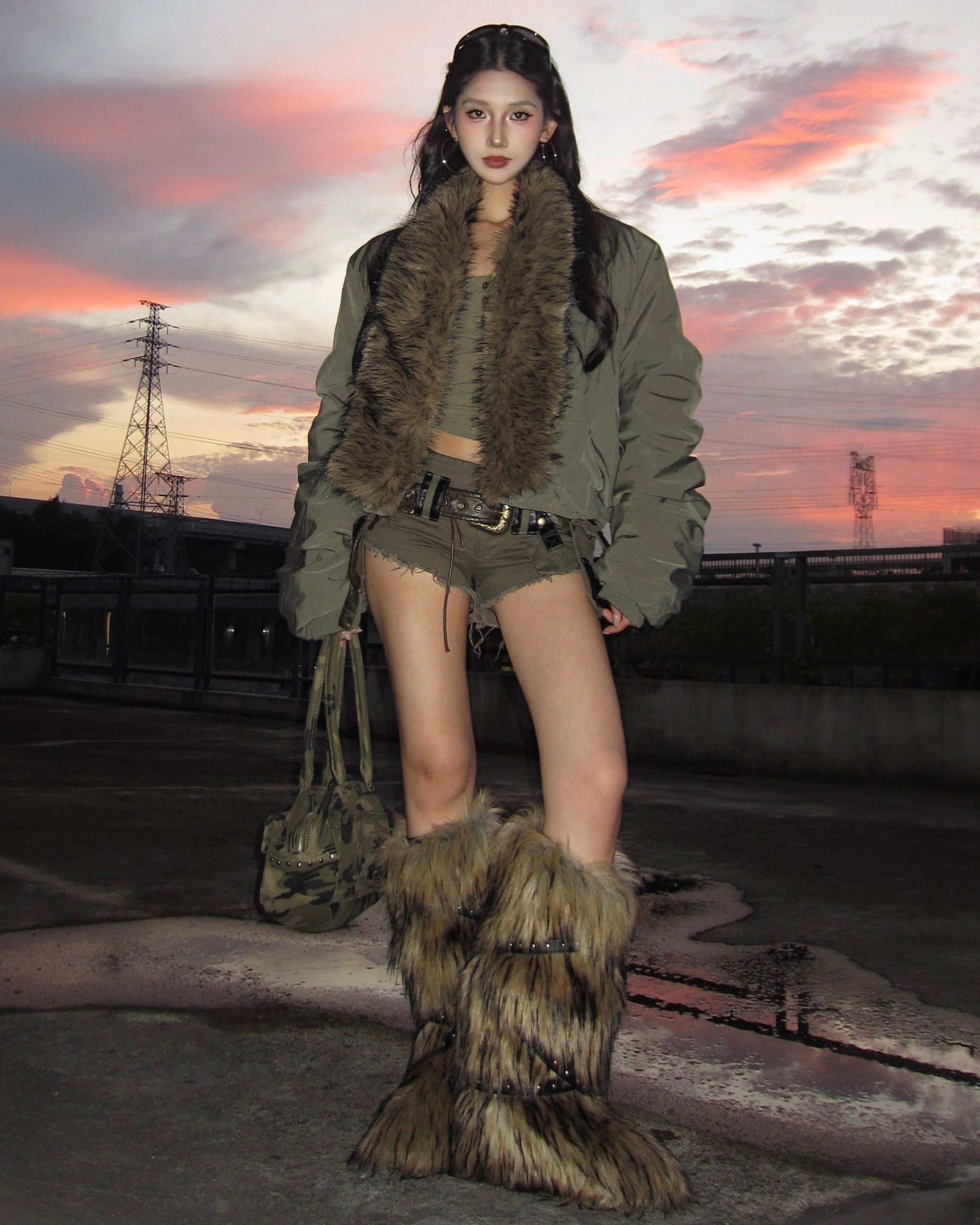 Faux Fur Collar Bomber Jacket mry002091