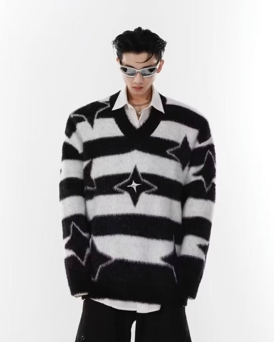 【2color】Star Pattern Striped Mohair Knit Sweater mry001827