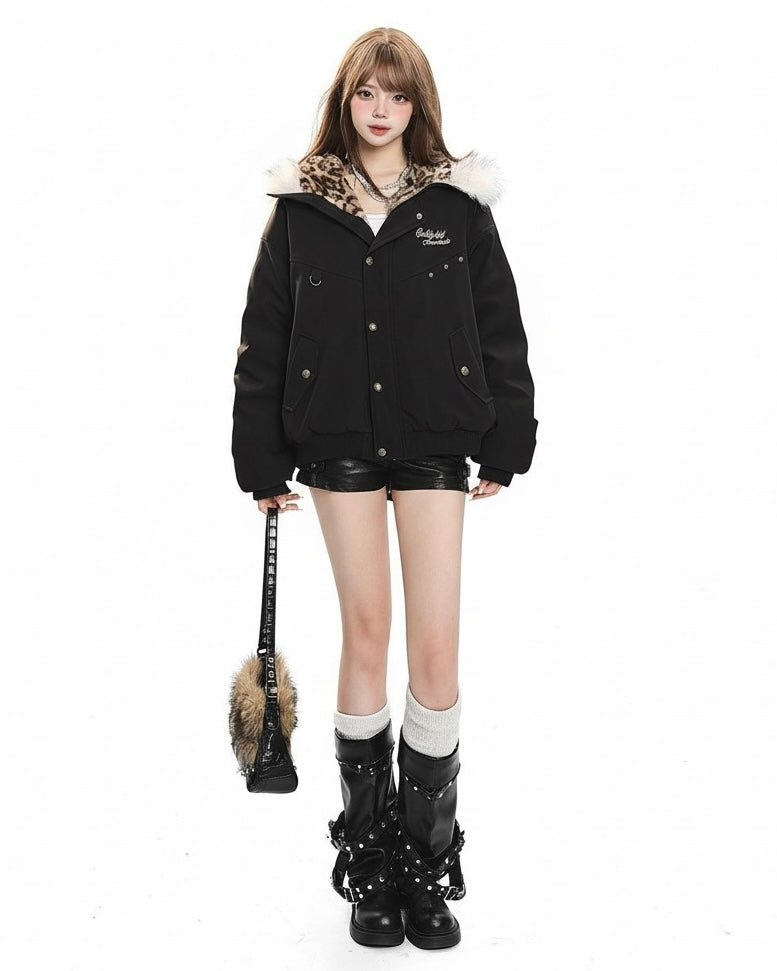 Leopard Lined Fur Hood Jacket mry002015
