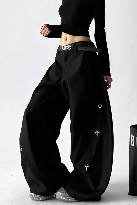 【COVER:FIT】 Cross Embroidery Wide-Leg Black Pants mry001871