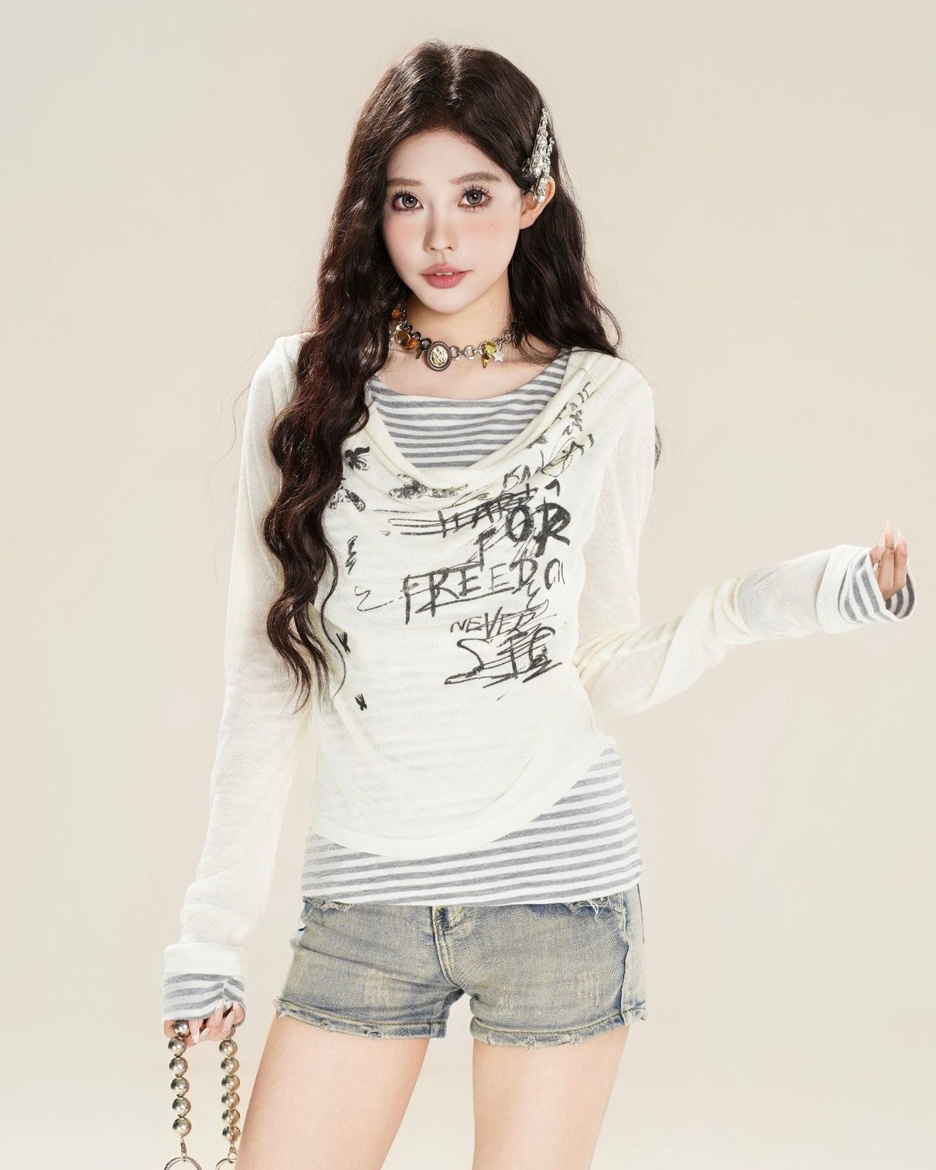 【2color】 Layered Graphic Mesh Long Sleeve Top mry001851