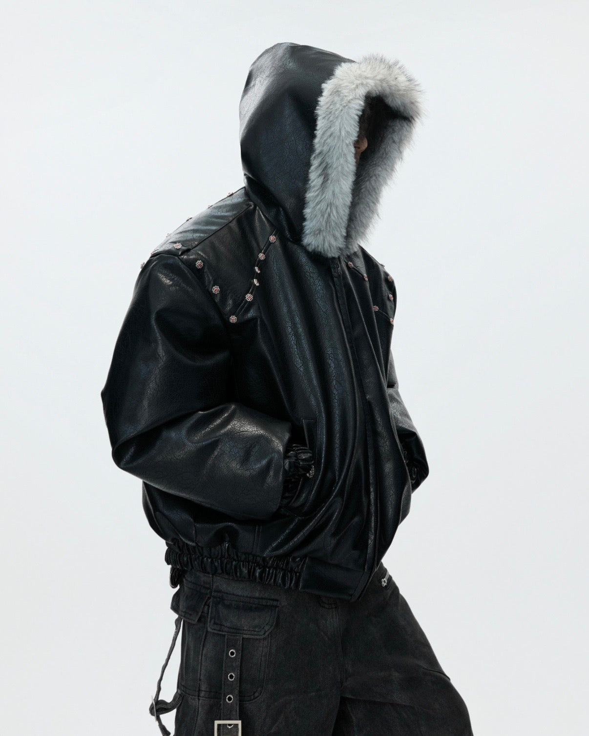 Unisex Fur Hood Leather Jacket mry002028