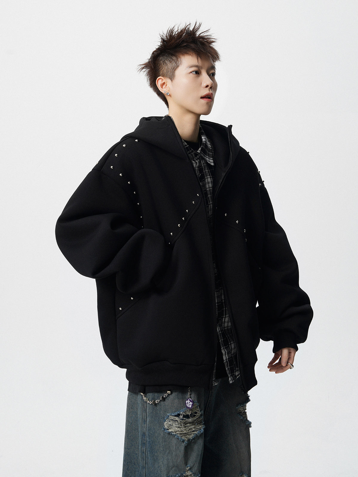 【評価★4.8以上/3color】Studded Oversized Zip Hoodie mry001897
