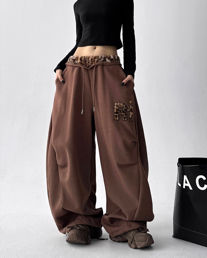 【YURU:FIT】Leopard Fur Waistband Baggy Sweatpants mry001875