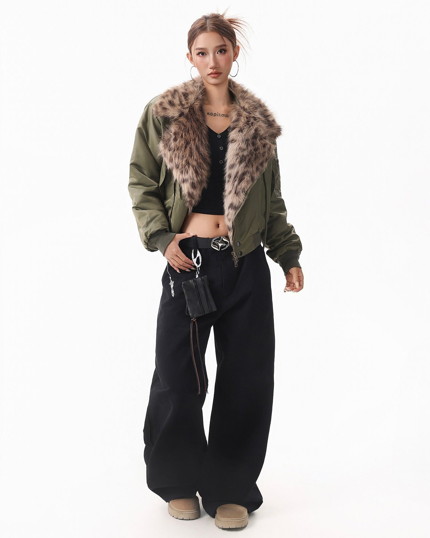 Leopard Faux Fur Collar Bomber mry002092