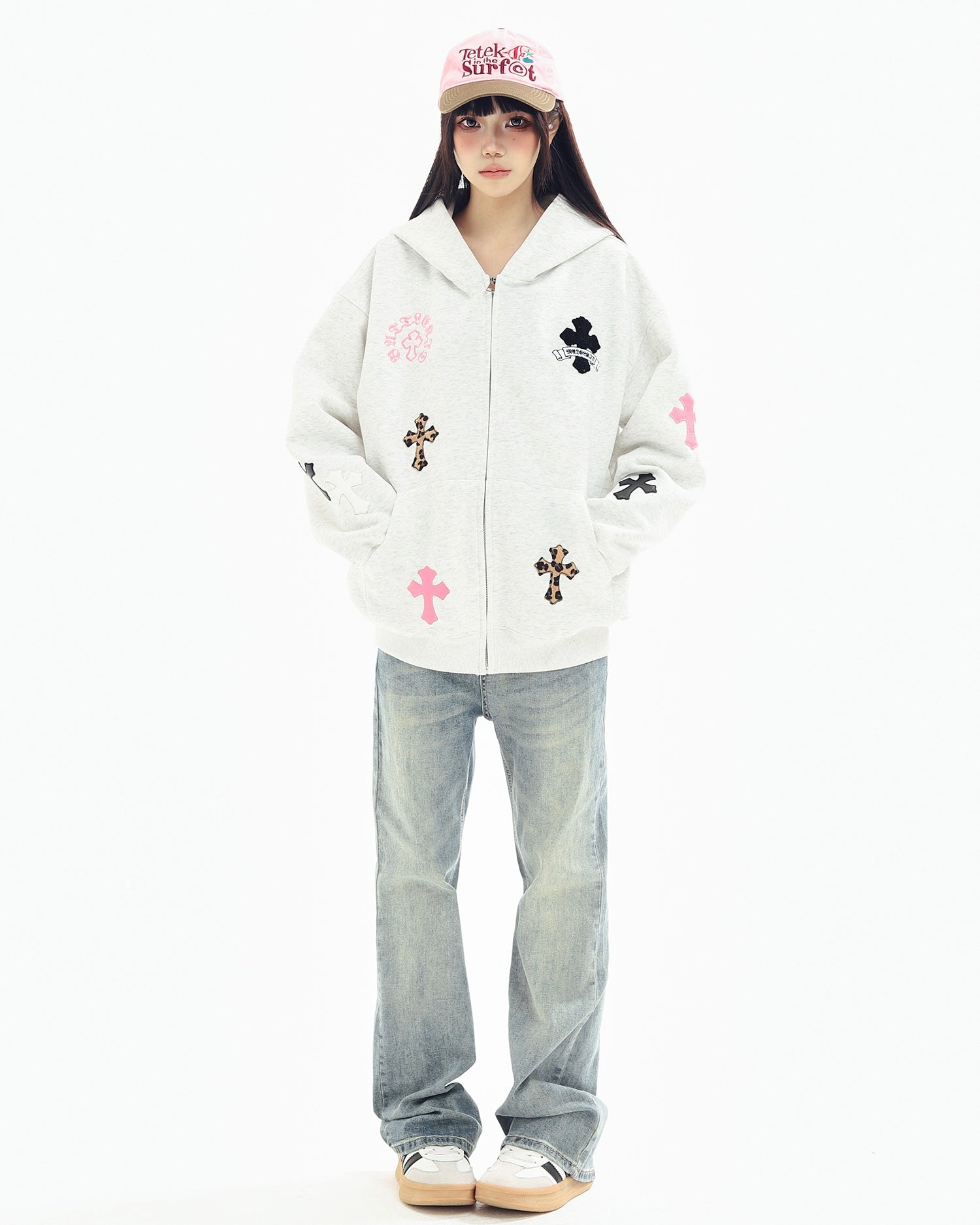 『評価★4.8以上/SNS大人気パーカー💥』【Tops】Leopard and Cross Embroidered Oversized Hoodie mry001896