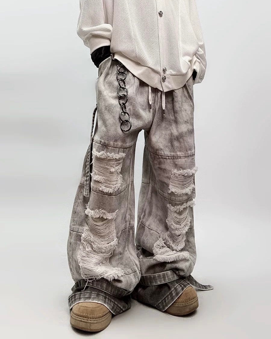 Unisex Distressed Wide-Leg Denim Pants mry001806