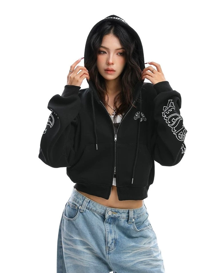 【Tops】Gothic Logo Cropped Zip Hoodie mry001888