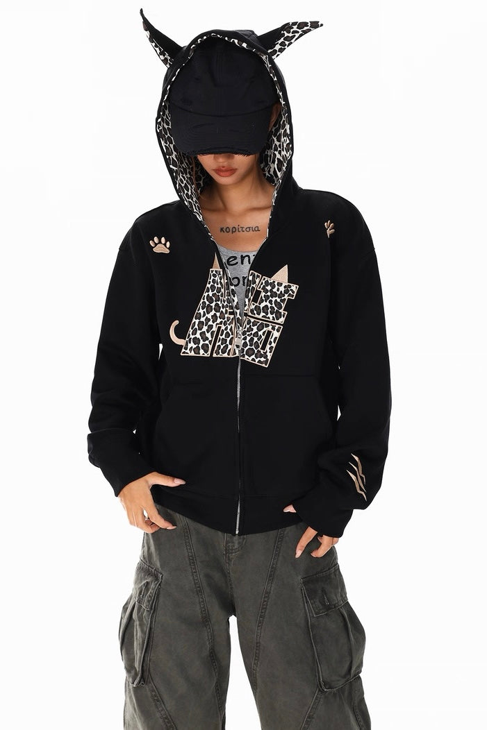 Leopard Cat Ear Zip Hoodie mry002296