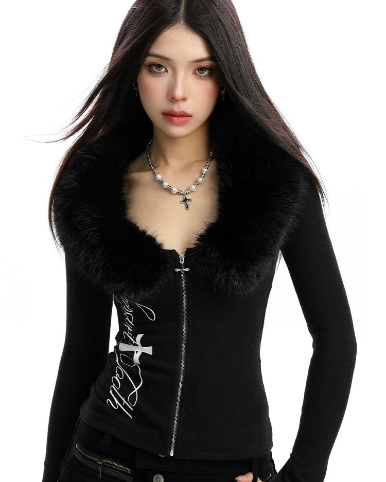 Slim Fit Fur Collar Top mry002103