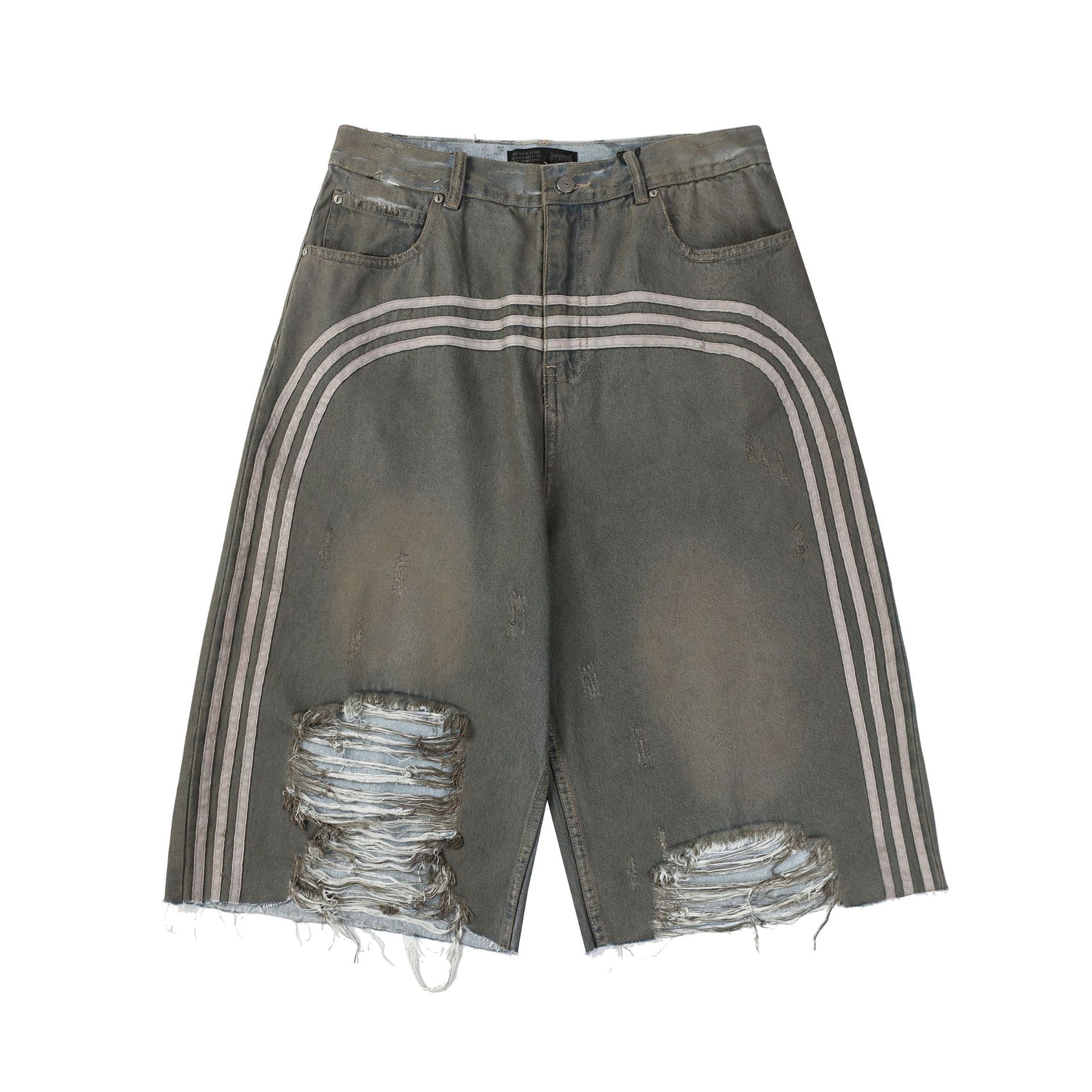 Triple Stripe Distressed Wide Denim Shorts mry001692