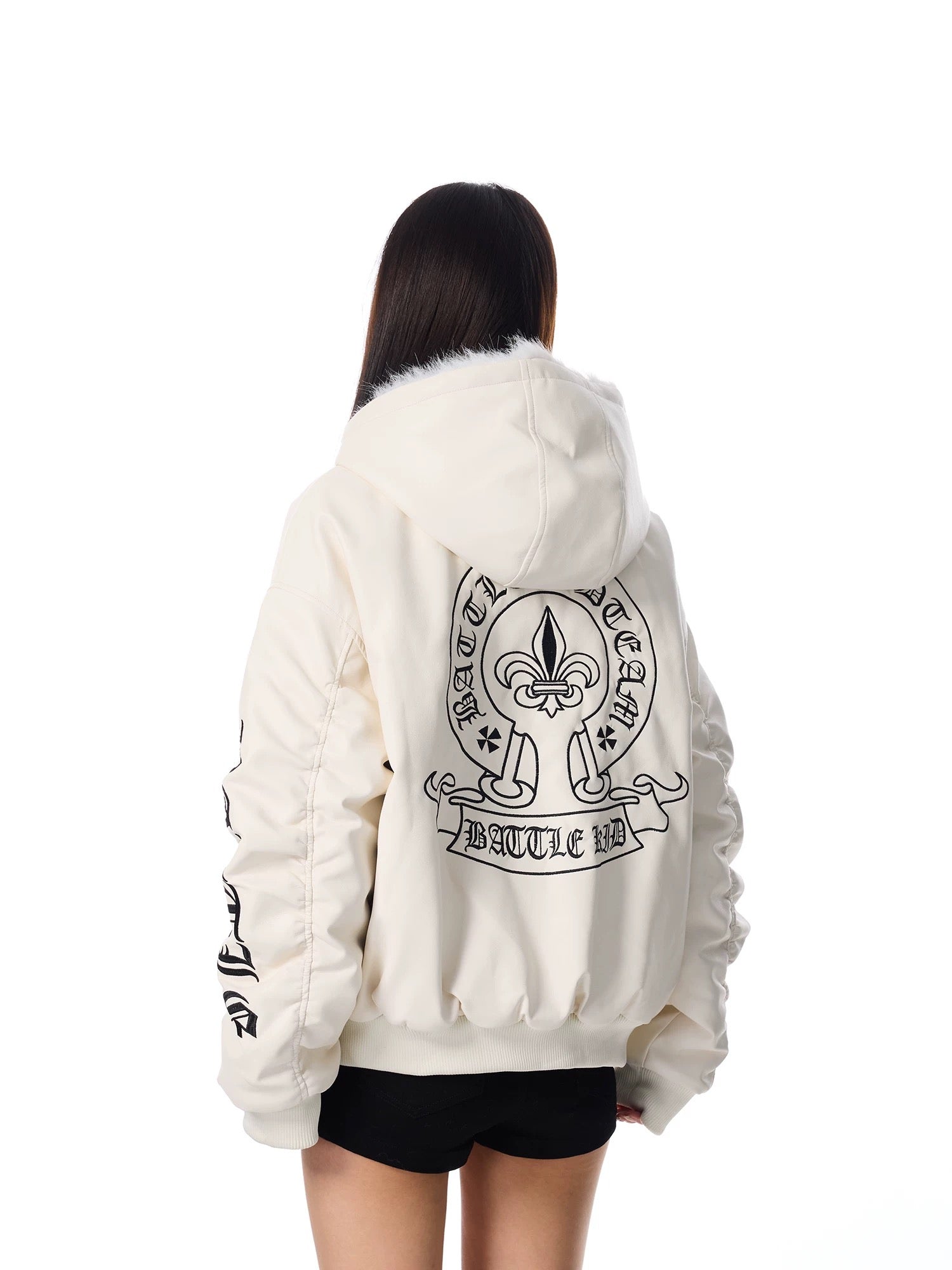 Fur Hood Graphic Leather Jacket mry001992