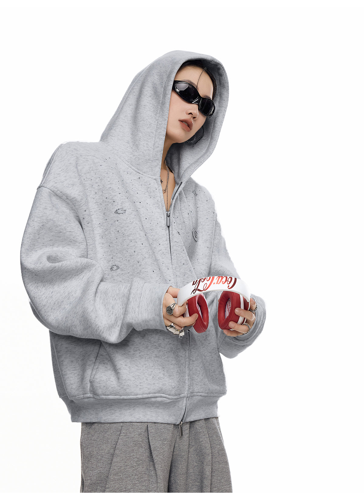 【評価★4.8以上/高品質】Rhinestone Embellished Oversized Zip Hoodie mry001898