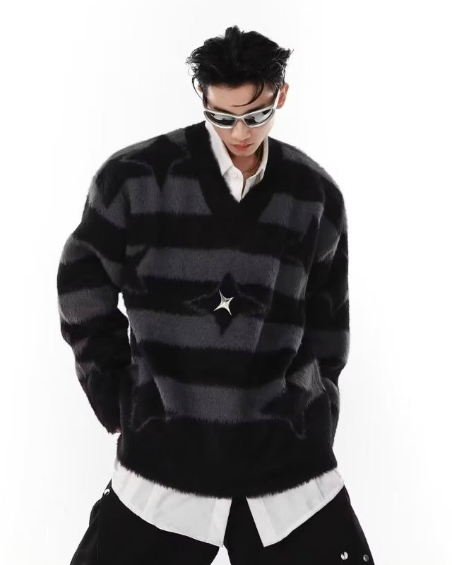 【2color】Star Pattern Striped Mohair Knit Sweater mry001827