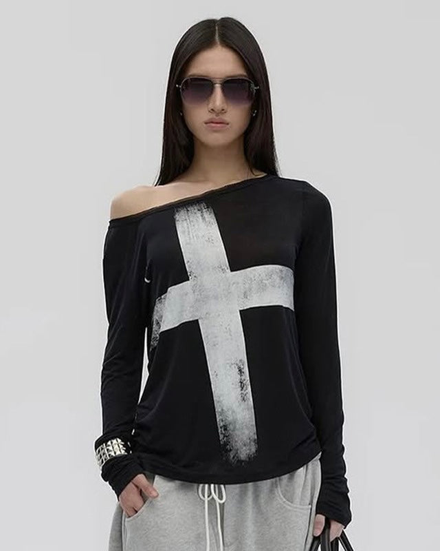 【2color】Cross Print Off Shoulder Tops mry001850