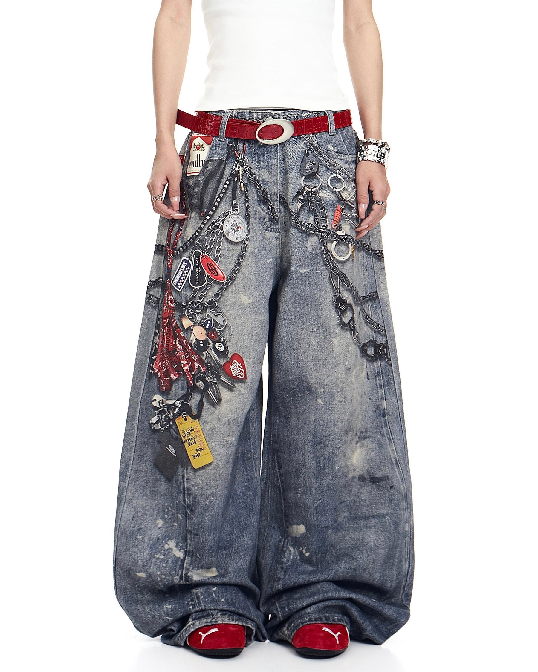 【COVER:FIT】Retro Keychain Graphic Wide Denim Pants mry001919