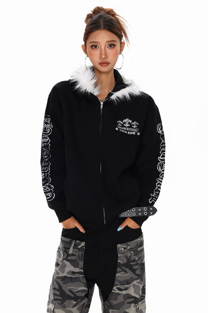 Fur Hood Gothic Zip Hoodie Jacket mry002246