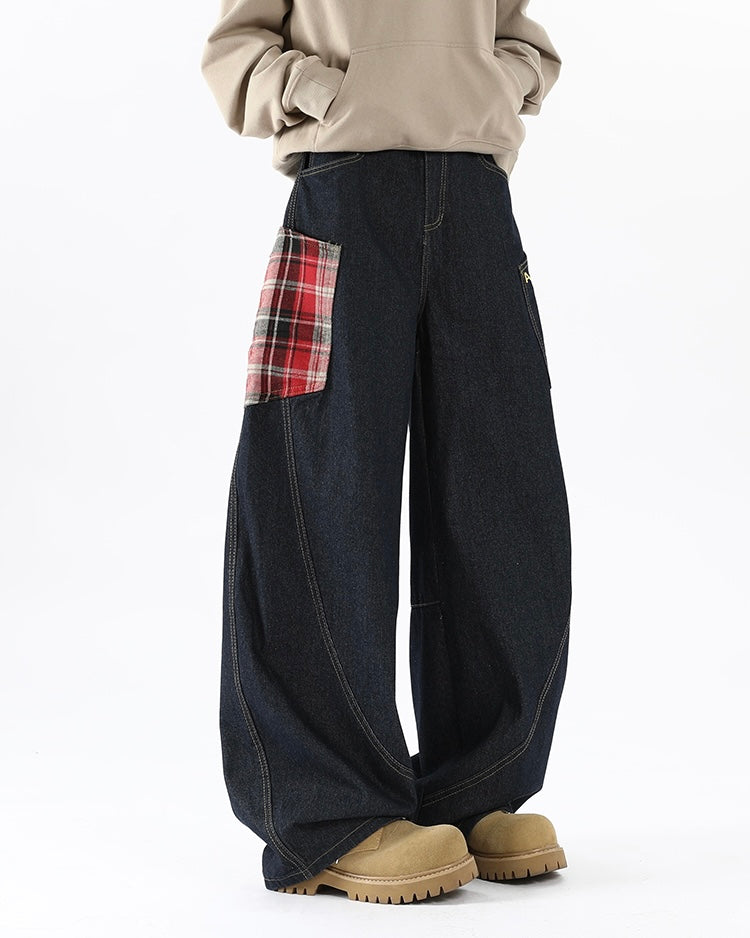 【COVER:FIT】 Plaid Patch Wide-Leg Denim Pants mry001859