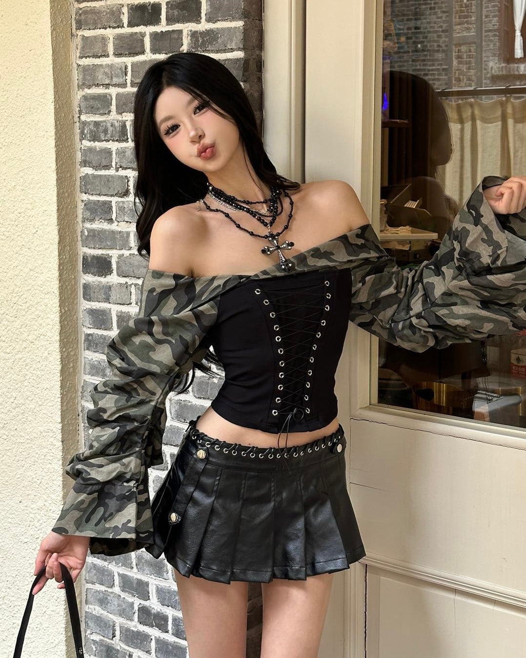 Camo Sleeve Corset Top mry001852