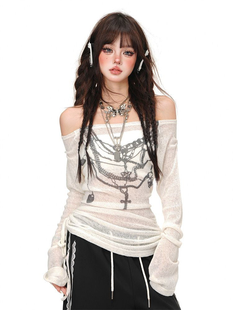 【2color】Off-Shoulder Chain Print Knit Top mry001732