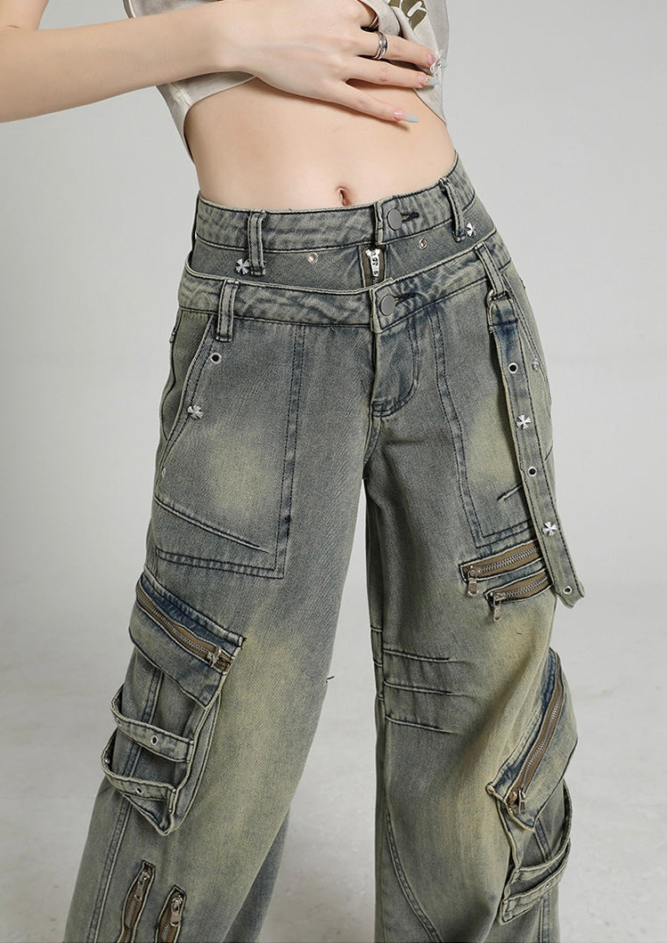 Y2K Multi-Zip Wide Cargo Denim Pants mry001672