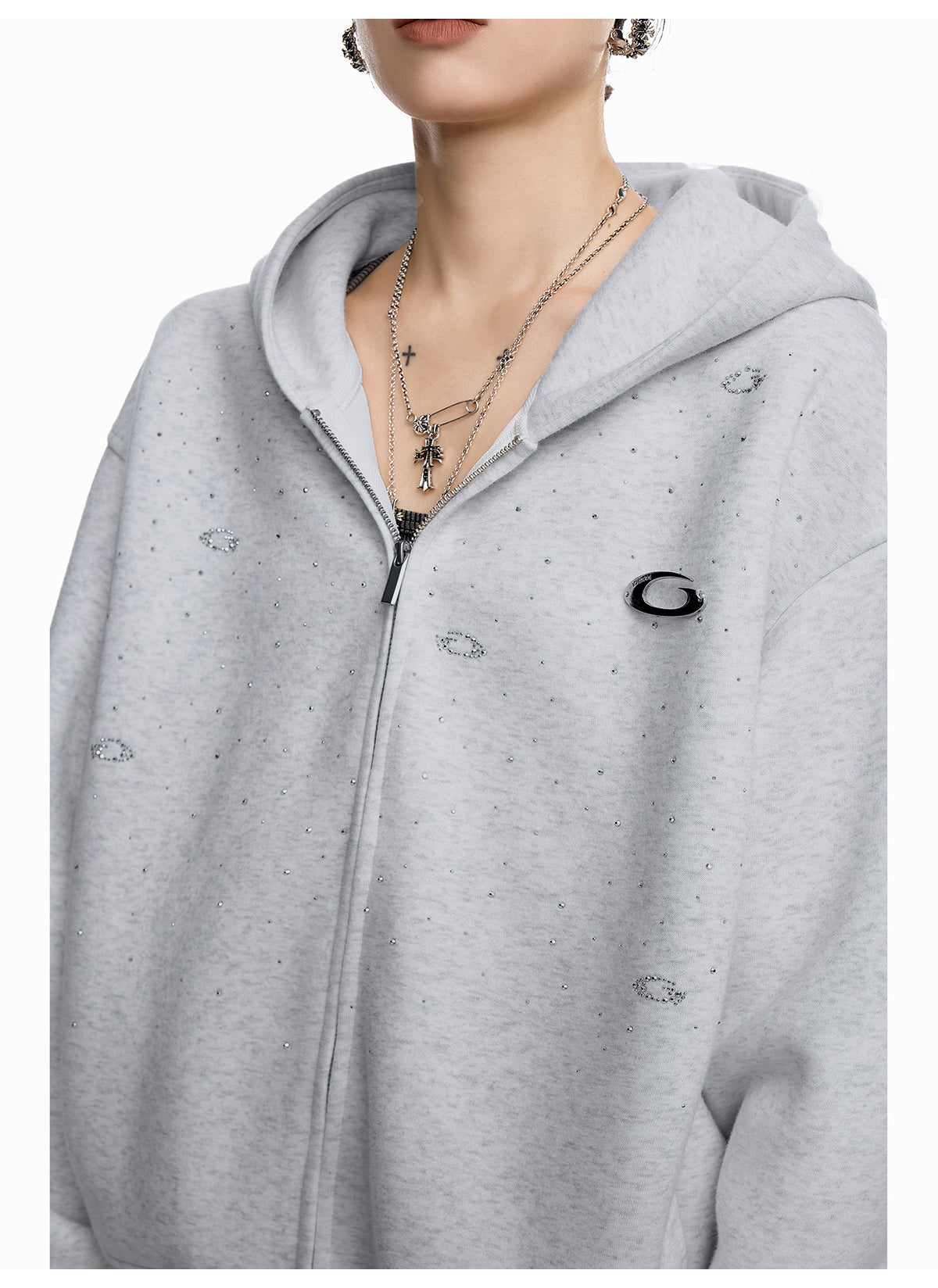 【評価★4.8以上/高品質】Rhinestone Embellished Oversized Zip Hoodie mry001898