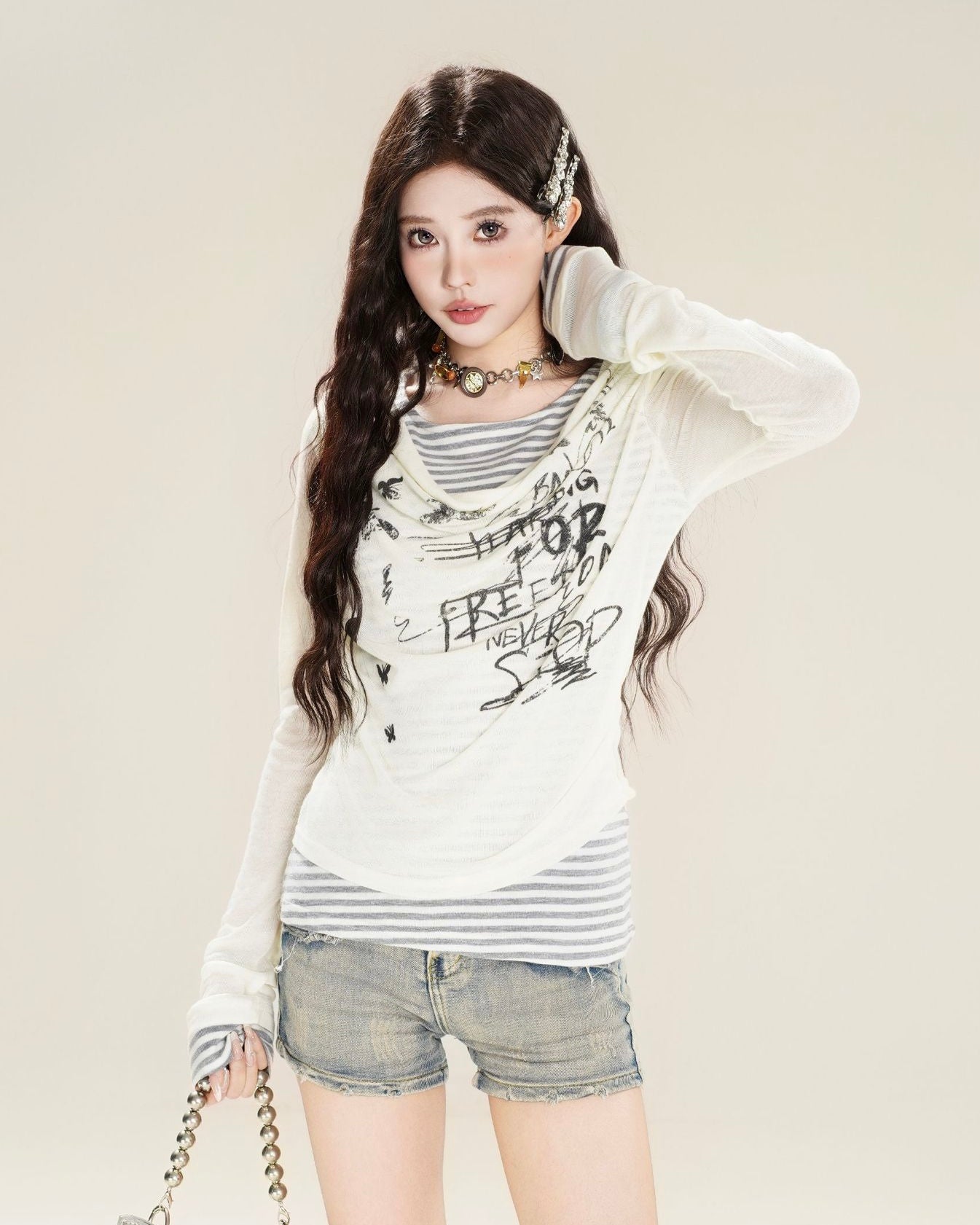 【2color】 Layered Graphic Mesh Long Sleeve Top mry001851