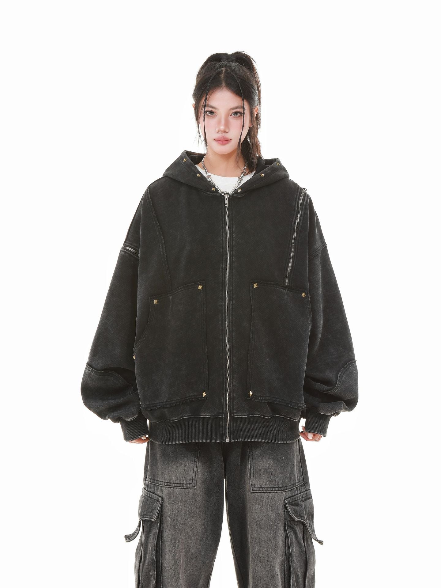 【評価★4.8以上】Vintage Washed Studded Overfit Hoodie Jacket mry001943