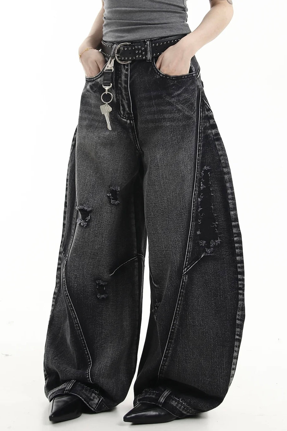 【COVER:FIT】 Vintage Washed Distressed Wide-Leg Denim Pants mry001868