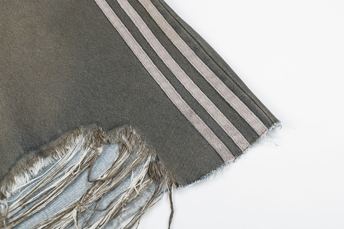 Triple Stripe Distressed Wide Denim Shorts mry001692