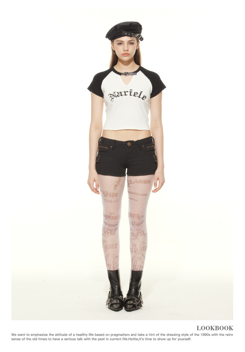 【2color】Heart Choker Raglan Crop Top mry001696