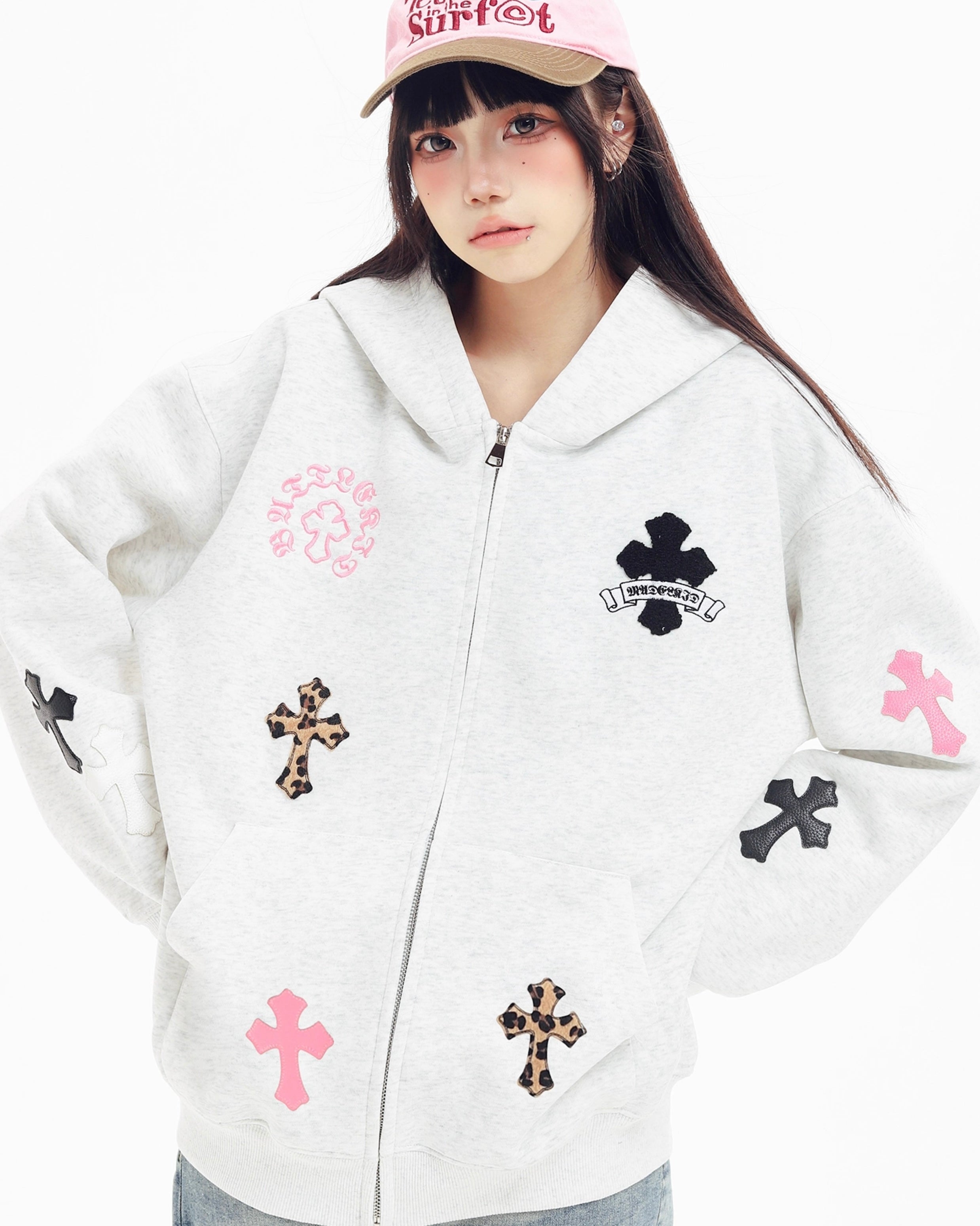 『評価★4.8以上/SNS大人気パーカー💥』【Tops】Leopard and Cross Embroidered Oversized Hoodie mry001896