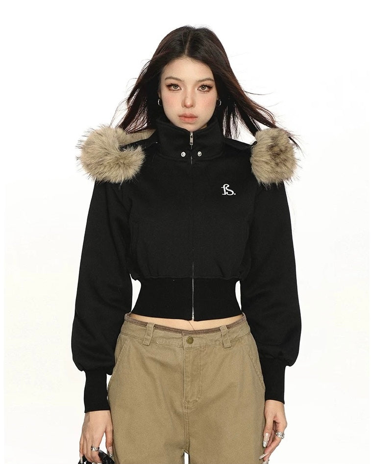 Fur Trim Cropped Jacket mry002069
