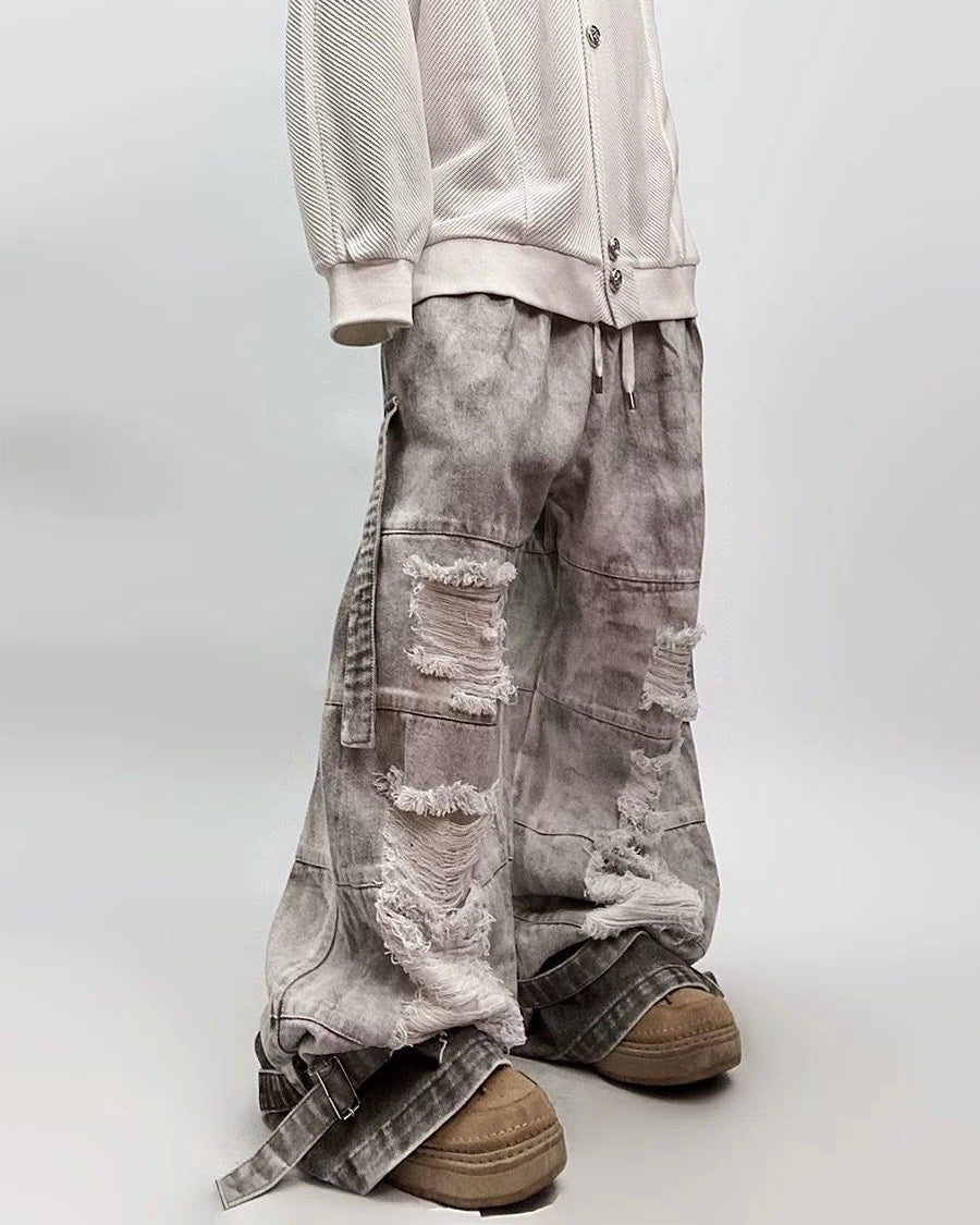 Unisex Distressed Wide-Leg Denim Pants mry001806