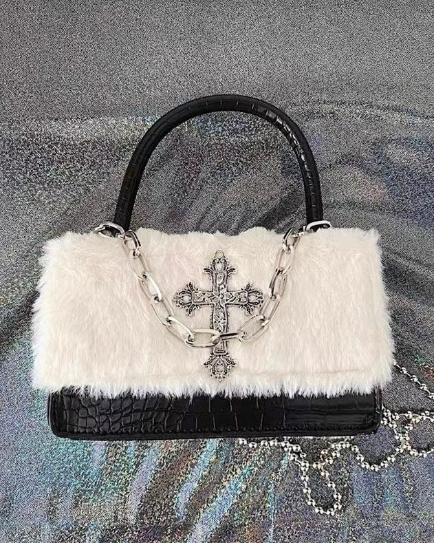 Faux Fur Cross Accent Handbag mry001854