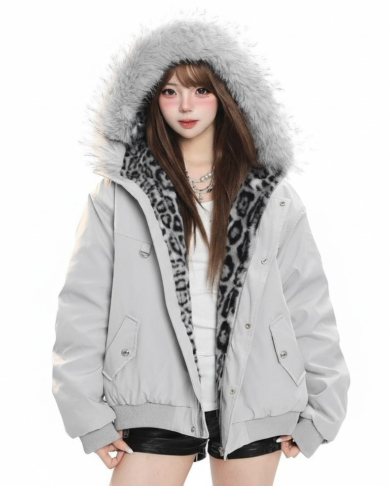 Leopard Lined Fur Hood Jacket mry002015