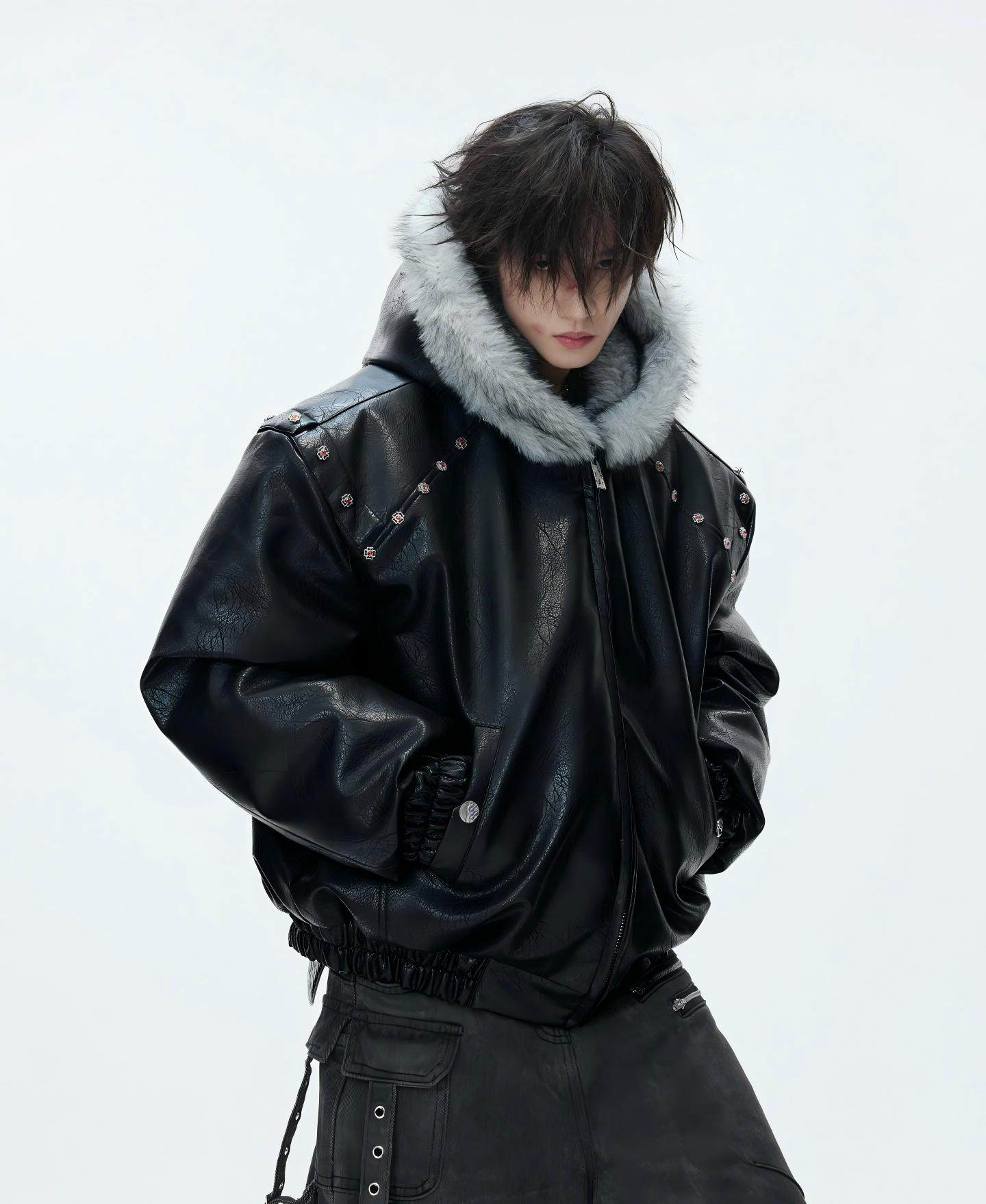 Unisex Fur Hood Leather Jacket mry002028