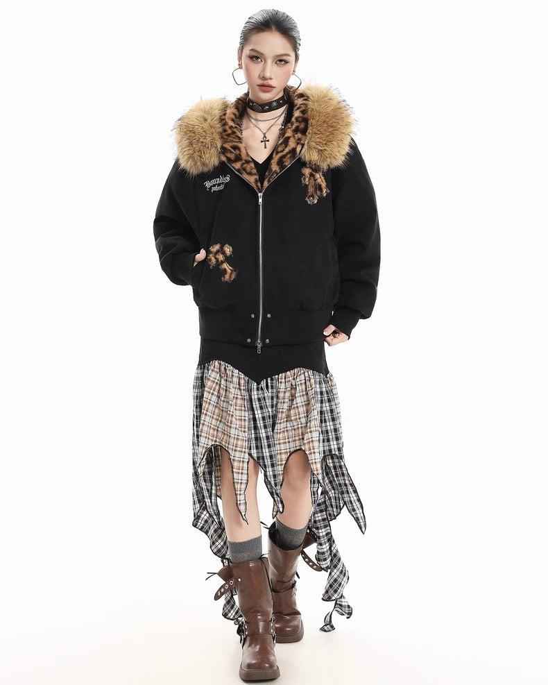Leopard Lined Fur Hood Jacket mry002068