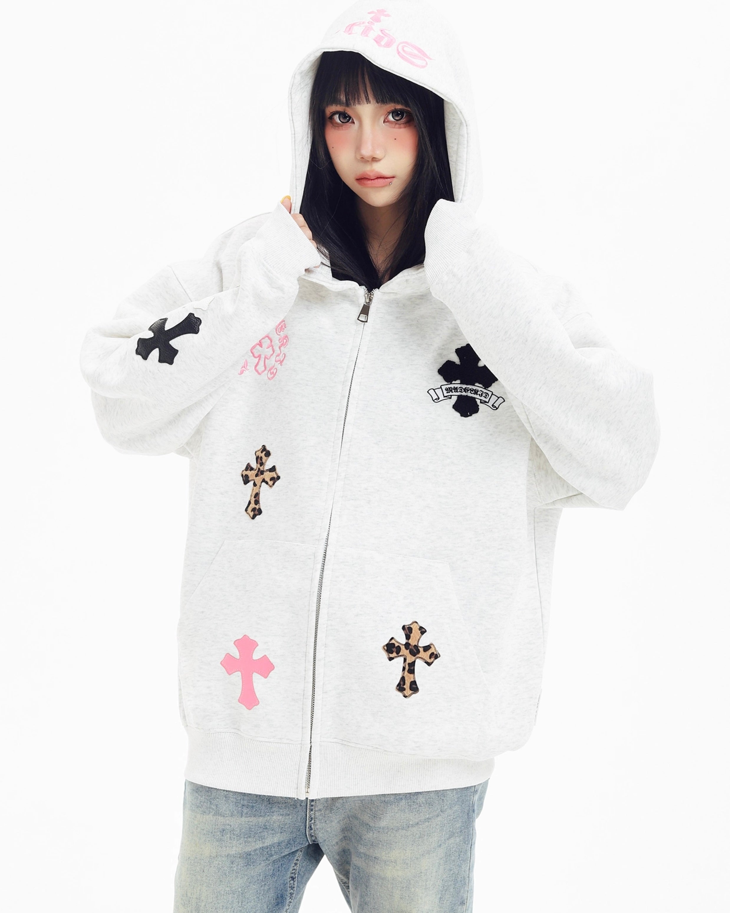 『評価★4.8以上/SNS大人気パーカー💥』【Tops】Leopard and Cross Embroidered Oversized Hoodie mry001896