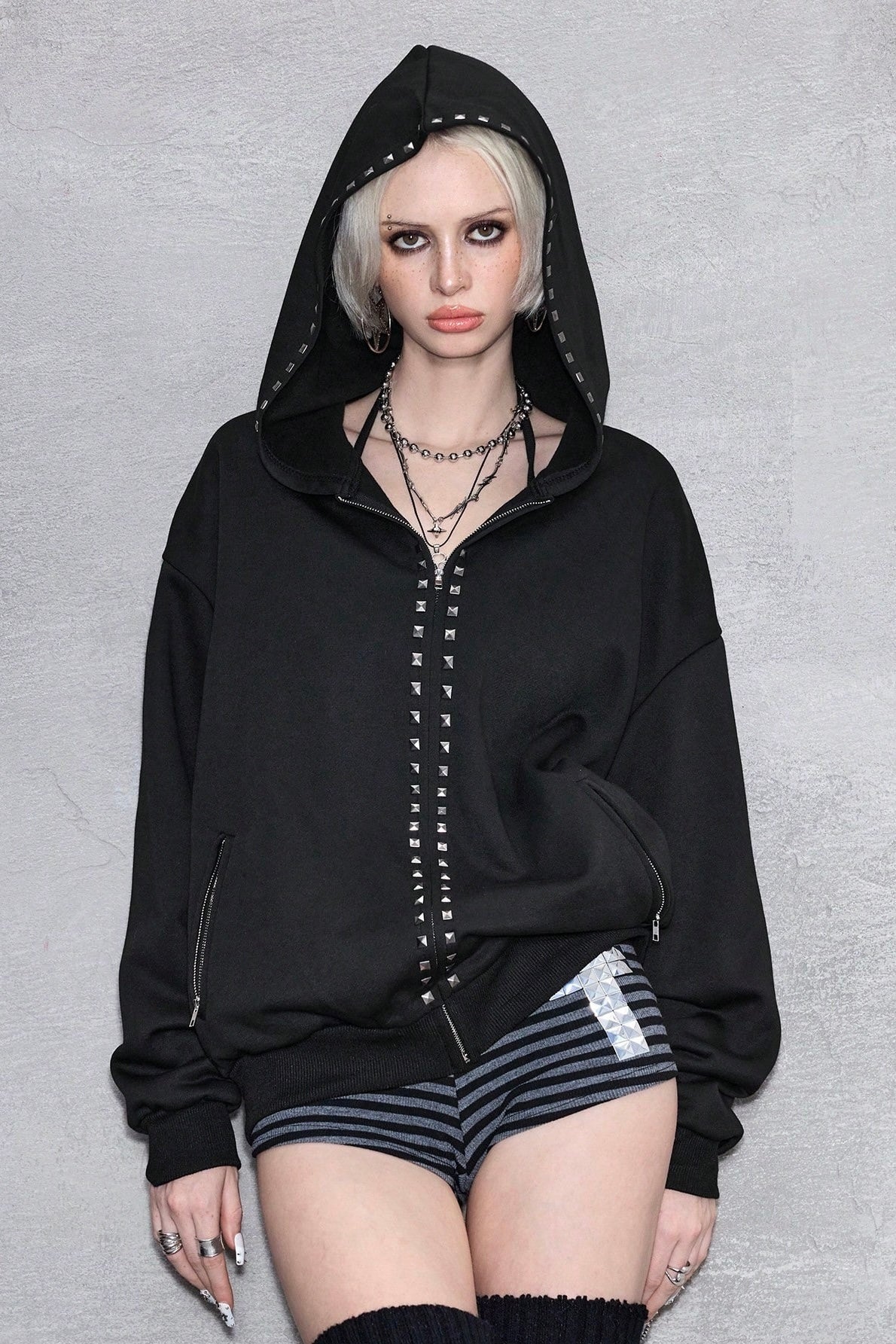 Studded Cross Zip Hoodie mry002320