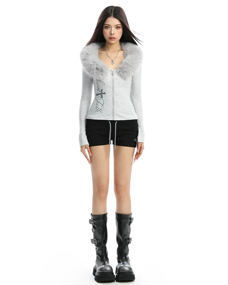 Slim Fit Fur Collar Top mry002103