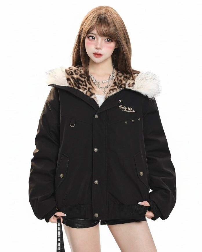 Leopard Lined Fur Hood Jacket mry002015