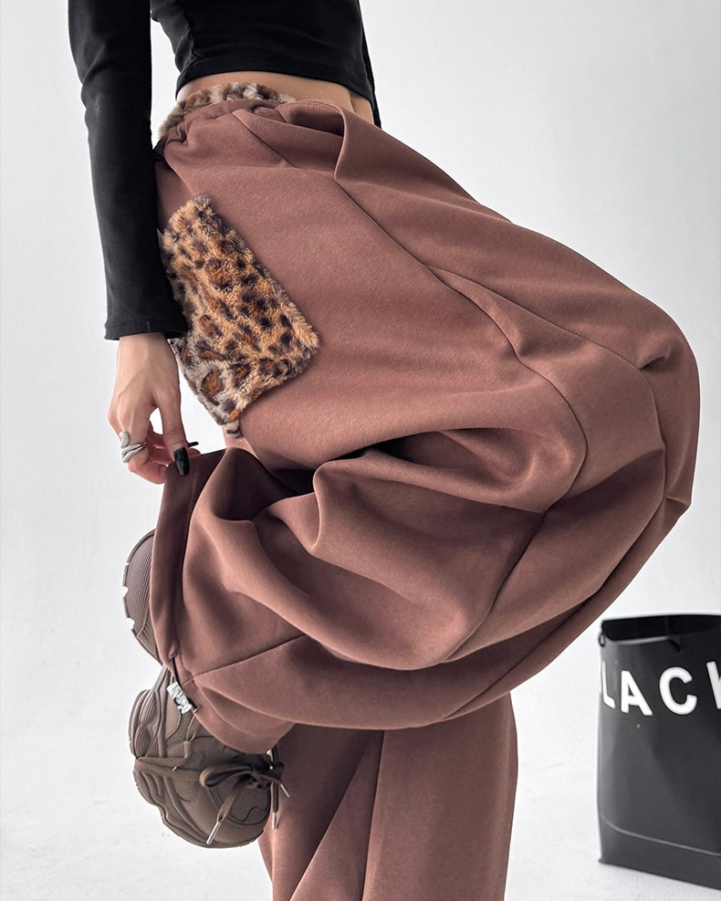 【YURU:FIT】Leopard Fur Waistband Baggy Sweatpants mry001875