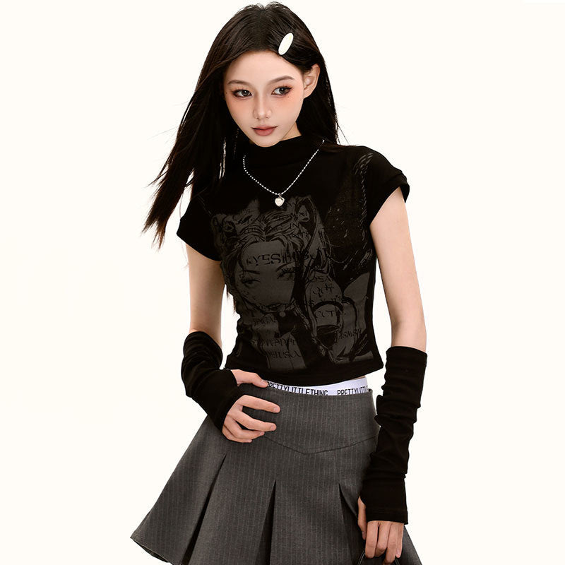 【2color】Cyber Graphic Mock Neck T-Shirt mry001713