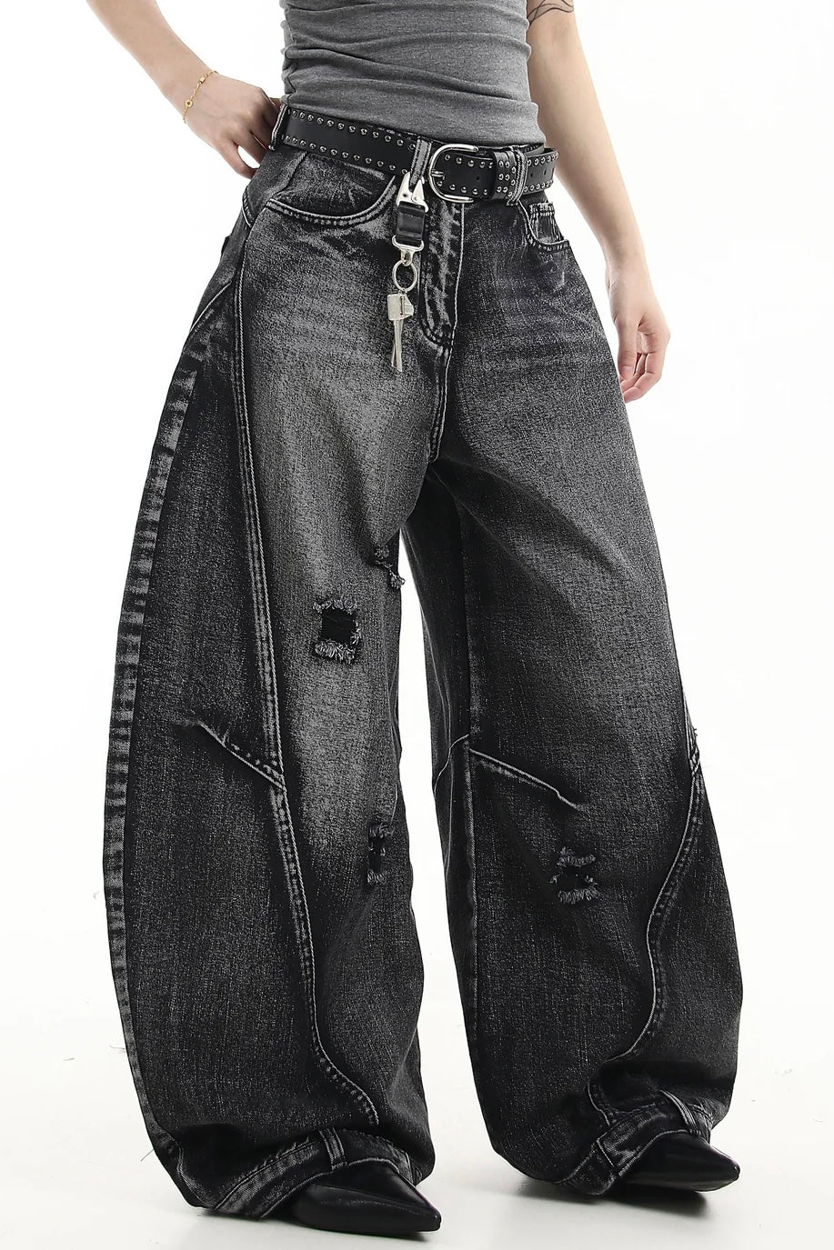 【COVER:FIT】 Vintage Washed Distressed Wide-Leg Denim Pants mry001868