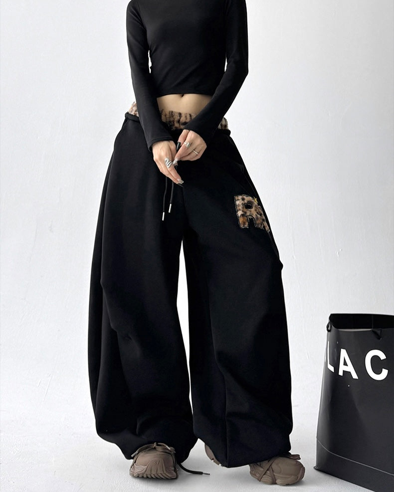 【YURU:FIT】Leopard Fur Waistband Baggy Sweatpants mry001875