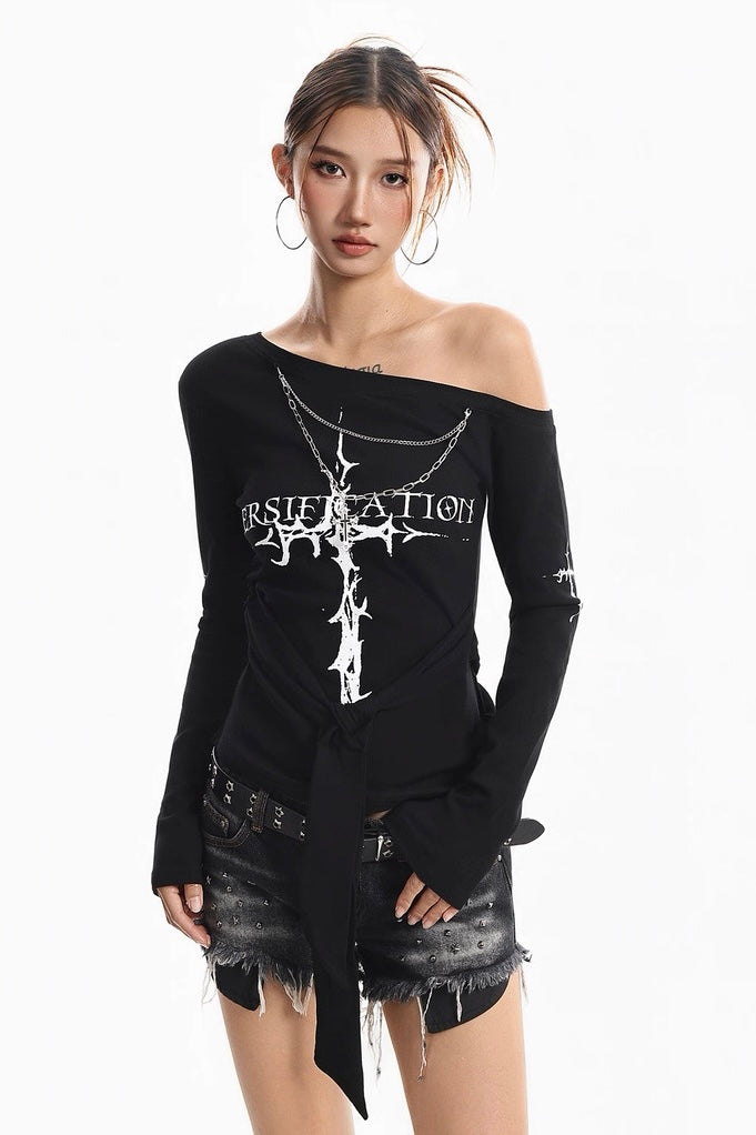 One Shoulder Cross Graphic Top mry002283