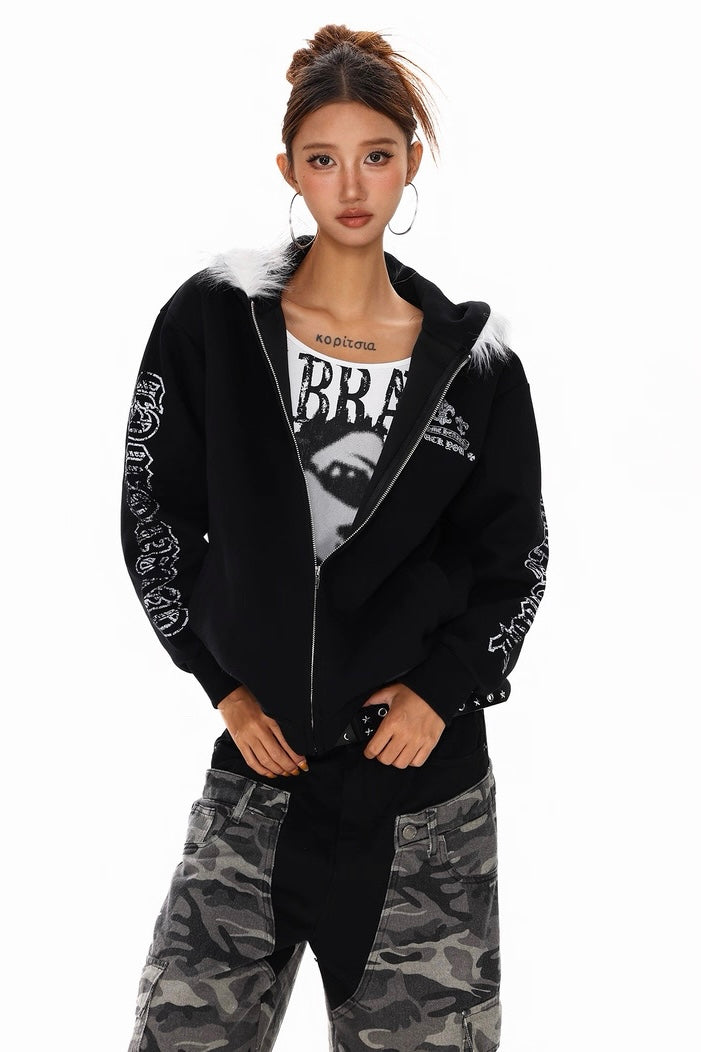 Fur Hood Gothic Zip Hoodie Jacket mry002246