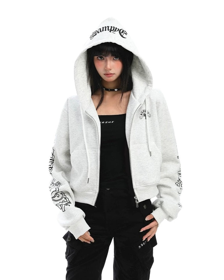 【Tops】Gothic Logo Cropped Zip Hoodie mry001888